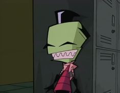 a cartoon character standing in front of a locker with his mouth open and tongue out