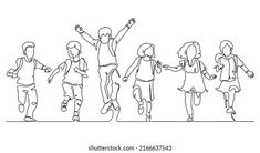 a line drawing of children running in the street with their arms up and hands out