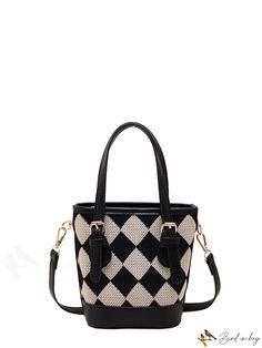 BirdinBag - Chic Adjustable Shoulder-Strap Handbag: Mini Geometric Pattern, Color-blocked Black Square Satchel For School, Black Square Bucket Bag With Detachable Handle, Black Square Bucket Bag With Handles, Black Square Shoulder Bag With Detachable Handle, Black Square Bucket Bag, Black Bucket Bag With Adjustable Double Handle, Black Square Bag With Adjustable Strap, Black Square Shoulder Bag With Adjustable Strap, Black Double Handle Bucket Bag With Adjustable Handle