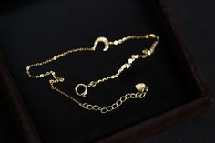 Come with Jewelry bag custom order takes 4-5 weeks to ship  in stock item takes 3-4 days to ship  Size:  moon 6x5.5mm Chain length : 13 cm + 3 cm extension chain 15.5cm + 3 cm extension chain  Material: 14 karat. Only solid gold NO gold filled / NO gold plating.   Gold Info:  24K gold is 100% pure 18K contains 75% gold and 25% alloyed metals 14K is 58% gold and 42% alloyed metals ----------------------------------------------------------------------  quality, simplicity, reasonable price For questions or inquiry please do not hesitate to contact us. We will be happy to assist you.  SHIPPING: 1. Shipping takes approximately 3-5 business days (exclude weekend and holiday) for domestic customer.  Shipping via USPS five days a week Monday to Friday and comes with insurance.  You can track the Elegant Everyday Bracelets With Moon Charm, Elegant Sterling Silver Bracelets With Moon Charm, Minimalist Gold Moon Bracelet, Minimalist Moon-shaped Gold Bracelet, Minimalist Moon Shaped Gold Bracelet, Minimalist Bracelets With Moon Charm As Gift, Minimalist Bracelet With Moon Charm As Gift, Gold Minimalist Moon Bracelet, Dainty Gold Moon Bracelets