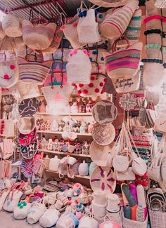 baskets and other items are on display in a shop