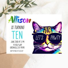 an image of a cat with sunglasses on it's face and text that says, allison is turning ten