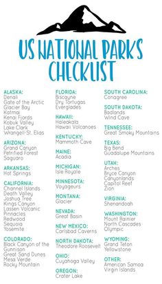 the us national parks checklist is shown in blue and white with mountains on it