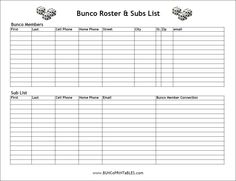 the printable bunco roster and sub list is shown in this file, which includes two