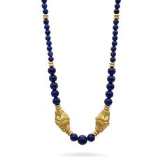 Double-Headed Leopard Necklace Royal Blue Color, Gold Finish, Gold Beads, Stone Beads, Royal Blue, Blue Color