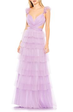 Mac Duggal Tiered Ruffle Cutout Tulle Gown | Nordstrom Tiered Gown, Cutout Gown, Prom Inspo, Tulle Gown, Dress Inspo, Mac Duggal, Sweetheart Neck, Purple Dress, Bridesmaid Dress