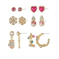 Get ready to celebrate the holidays with this adorable Packed Party Snow In Love with Christmas Earrings - Set of 6! From snowmen to snowflakes, this set all you need for the holiday season! Crafted with meticulous attention to detail, these hypo-allergenic earrings feature a gold tone finish plus gemstone and pearl accents. Whether you wear them all at once for the ultimate Christmas earring stack or throughout the season, these holiday earrings are sure to add a fun, festive touch to any outfit. PS did we mention the packaging has a "to from" label for easy gifting? Talk about the perfect stocking stuffer! Size: one size.  Gender: female.  Age Group: adult. Cute Gold Jewelry For Christmas, Gold Jewelry For Winter Party, Gold Earrings For Winter Holiday, Gold Earrings For Holiday Season, Cute Christmas Party Jewelry, Cute Christmas Holiday Jewelry, Cute Christmas Festive Jewelry, Pink Christmas Party Jewelry, Snow In Love