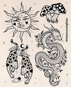 three dragon tattoos on a white paper with black ink and an image of the sun, moon