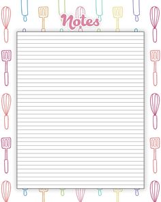 a notepad with colorful kitchen utensils and the words notes written on it