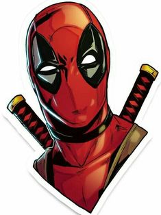 a deadpool sticker with two swords sticking out of it's face and eyes