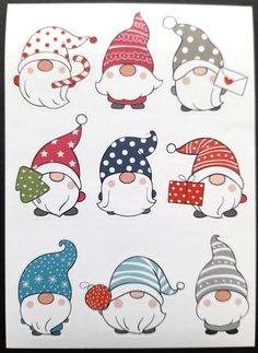 christmas gnomes with hats and scarves are shown in different colors on white paper