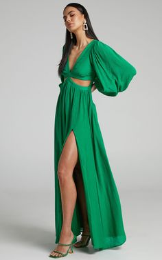 Paige Side Cut Out Balloon Sleeve Maxi Dress in Green | Showpo USA Chic Balloon Sleeve Vacation Dress, Elegant Green Cutout Dress, Elegant Green Dress With Cutout Details, Flowy Green Dress For Night Out, Green Flowy Dress For Night Out, Elegant Green Balloon Sleeve Dress, Green Balloon Sleeve Party Dress, Green Puff Sleeve Dress For Night Out, Green Puff Sleeve Maxi Dress For Summer