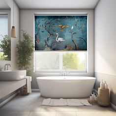 a white bath tub sitting under a window next to a sink