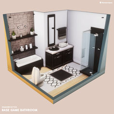 a bathroom with black and white decor on the floor, sink, mirror, bathtub and shelves