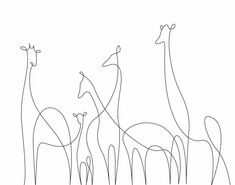 three giraffes standing next to each other on a white background with lines