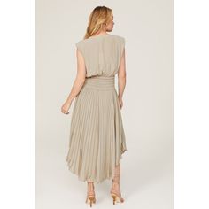 Brown crepe (100% Polyester). Hourglass. Sleeveless. V-neck. Pull on. 42" from shoulder to hemline. Imported. Chic Beige Midi Dress With Pleated Bodice, Sleeveless Ruched V-neck Dress For Formal Occasions, Beige V-neck Lined Midi Dress, Sleeveless Beige Midi Dress With Pleated Bodice, Chic Sleeveless Dress With Pleated Back For Spring, Spring V-neck Sleeveless Cocktail Dress, Chic Sleeveless V-neck Dress With Lining, Chic Beige Midi Dress With Pleated Waist, Beige Sleeveless Dress For Cocktail In Spring