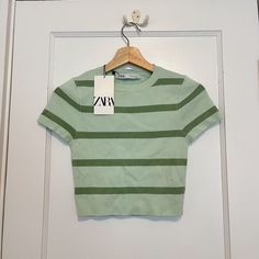 Sage Green Striped Knit Top From Zara, Unworn + New With Tags! Size M, Fits More Like A Size S (Runs Small!) Comment With Any Questions/For Bundle! Cutest Zara Tops, Zara Striped Knit Tops, Zara Knit Top, Embellished Crop Top, White Peasant Blouse, White Peplum Tops, Black Peplum Top, Zara Bodysuit, Asymmetrical Shirt