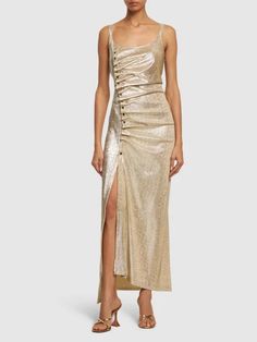 Lurex jersey side buttons gathered dress - Rabanne - Women | Luisaviaroma Gathered Dress, Gold Dress, Gold, How To Wear