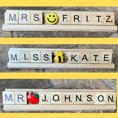 two wooden scrabbles with words spelling mr and mrs on them, one for each