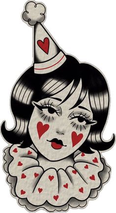 a drawing of a girl with hearts on her face wearing a party hat and dress