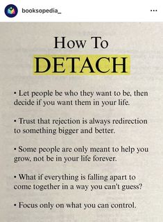 an open book with the words how to detach written in yellow and black on it