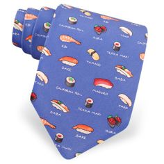 Sushi Tie by Alynn Novelty Blue Ties For Summer Gift, Blue Tie For Summer Gift, Blue Ties As Summer Gift, Blue Tie For Summer As A Gift, Different Types Of Sushi, Types Of Sushi, Tie Shop, Silk Necktie, Blue Ties