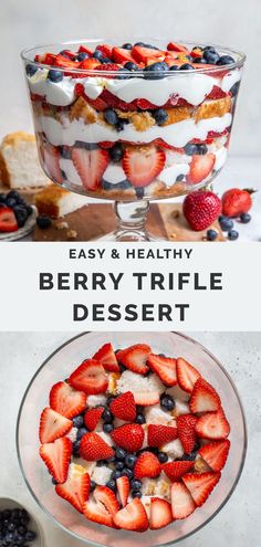 berry trifle dessert with text overlay