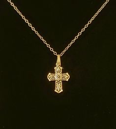 "- Awesome Antique Gold Mexican Talavera Cross Pendant, Necklace, in Gold Plated Pewter with 14K Gold Filled Oval Cable Chain. See Photos #1-3. - Gold Plated Copper Pinch Bail with flair ends. - Cross measures 1 x 3/4\" and drops 1 1/2\" from the Chain. Cross is reversible and has the different but equally pretty look on the back side. See Photo #4. - Chain Length 20\". - 14K Gold Filled Oval Cable Chain. - Closure is with a 14K Gold Plated Pewter Hook & Eye Clasp. See Photo #5. - Give us a Gold Cross Necklace Nickel Free, Classic Gold Nickel-free Necklace, Antique Gold Cross Jewelry As A Gift, Antique Gold Cross Jewelry For Gifts, Antique Gold Cross Pendant Necklace, Antique Gold Cross Jewelry Gift, Gold Cross Necklace With Filigree, Vintage Gold Cross Pendant Necklace, Antique Gold Cross Pendant Jewelry