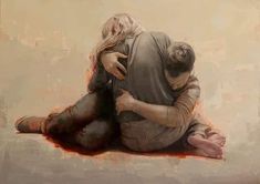 a painting of two people sitting on the ground with their arms wrapped around each other