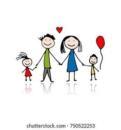 a family with two children holding hands and a heart shaped balloon in the air on a white background