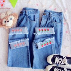 Kawaii Heart/Strawberry Loose Jeans Marlene Jeans, Heart Strawberry, Strawberry Embroidery, Kawaii Heart, Kawaii Harajuku, Harajuku Outfits, Embroidered Pants, Painted Jeans, Women Fashion Edgy