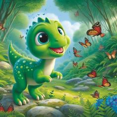 a small green dinosaur standing in the middle of a forest with lots of butterflies flying around