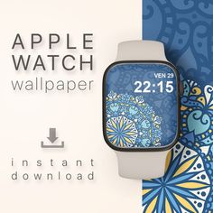 an apple watch is displayed on a blue and white background