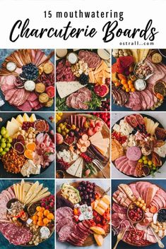 different types of charcuteries and cheeses on a platter with text overlay reading 15 mouthwatering charcuterie boards