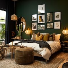 a bedroom with green walls and lots of pictures on the wall, including a bed