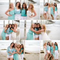 four women posing for pictures on the beach with their arms around each other and smiling at the camera