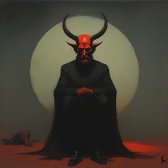 a painting of a demon sitting in front of a full moon with his arms crossed