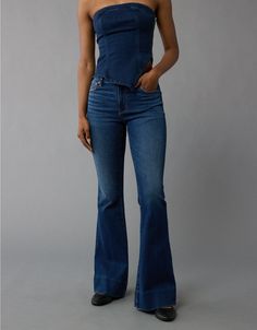 Fitted Full-length Denim Flares, High Rise Stretch Flares For Fall, Spring Fitted Flare Jeans, Trendy High Rise Fitted Flares, Trendy Fitted Full Length Flare Jeans, Trendy Fitted Jeans With Flared Hem, Fitted High Waist Flare Jeans, Stretch Full Length Flare Jeans, Fitted Mid-rise Denim Flares