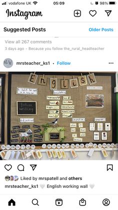 an instagram page with pictures and text on the bottom right corner, below is a bulletin board