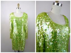 "This is a stunning sequined party dress from Black Tie Oleg Cassini! It's fully embellished with bright lime green pailette sequins and in excellent condition! Bust - 40\" Waist - 32\" Hips - 42\" Length - 36\" Tag Size - 14 (please refer to measurements) This dress comes from a pet-free and smoke-free home. If you would like more info or have any questions, please don't hesitate to ask!" Glamorous Sequin Fabric For Cocktail In Spring, Spring Contrast Sequin Fabric For Cocktail, Green Cocktail Sequin Dress With Contrast Sequins, Green Sequin Dress With Contrast Sequin For Spring, Spring Green Sequin Dress With Contrast Sequins, Green Sequin Fabric For Spring Party, Green Embellished Sequin Dress For Night Out, Glamorous Green Sequin Cocktail Dress, Glamorous Green Sequin Dress For Cocktail