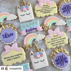 decorated cookies with unicorns and rainbows on them for a birthday or baby shower