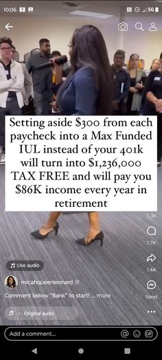 a woman in high heels holding up a sign that says, setting aside $ 50 from each paychek into a max fund