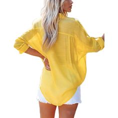 Yellow Lapel Collar Pocket Button Shirt Yellow Solid Color Shirt For Summer, Yellow Long Sleeve Vacation Shirt, Summer Yellow Solid Color Shirt, Yellow Beach Top With Buttons, Yellow Button-up Blouse For Vacation, Yellow Buttoned Vacation Top, Yellow Beach Shirt With Button Closure, Beach Yellow Shirt With Button Closure, Yellow Button-up Vacation Tops