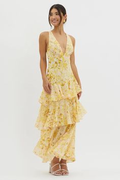 Shop the Veda Strappy Back Ruffle Midi Dress Floral Yellow | Selfie Leslie Midi Dress Floral, Yellow Floral Dress, Layered Dress, Ruffle Midi Dress, Tiered Midi Dress, Dress Floral, Floral Midi Dress, Yellow Floral, Yellow Dress