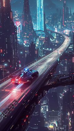 a car driving down a highway in the middle of a city at night with bright lights