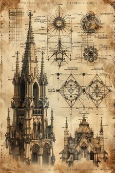 an old drawing with architectural drawings and symbols on the bottom right corner, in front of a brown background