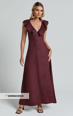 Amalie The Label - Penelope Linen Flutter Sleeve Low Back Maxi Dress in Wine Linen A-line Dress With Ruffles, Fitted Linen Maxi Dress For Party, Elegant Ruffled Linen Dress For Garden Party, Elegant Linen Ruffle Dress For Garden Party, Elegant Linen Dresses With Ruffles, Linen V-neck Dress For Party, Formal Ideas, Basic Black Dress, Bachelorette Dress