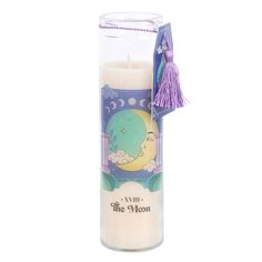 a candle with a tassel hanging from it's end and an image of the moon