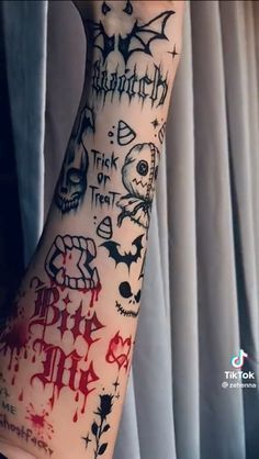 Knee High Tattoos, Bailey Illustration Tattoo, Double Trouble Matching Tattoos, Halloween Hand Tattoo Ideas, Hand Tattoos Side Of Hand, Halloween Tattoo Hand, Hawkhatesyou Tattoos, Hand Tattoos Halloween, Lots Of Small Tattoos Arm