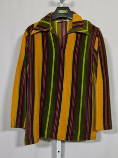 Bonds Fifth Ave Vintage 60s Hippie Striped Velvet Shirt Mod Large NYC. Very rare piece in excellent vintage condition. Vibrant colors! Pit to pit: 20" Length: 28" Shoulders: 18" Shoulder to cuff: 23" Vintage Green Tops For Fall, Retro Green Tops For Fall, 1970s Long Sleeve Tops With Retro Print, 1970s Retro Print Long Sleeve Tops, 1970s Style Long Sleeve Tops With Retro Print, Vintage Yellow Top With Retro Print, Retro Yellow Collared Top, Retro Long Sleeve Yellow Tops, Yellow Retro Collared Tops